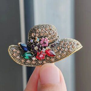 Colorful Hat Shaped Floral Multicolor Gemstone Collar Rhinestone Brooch Pin 2"